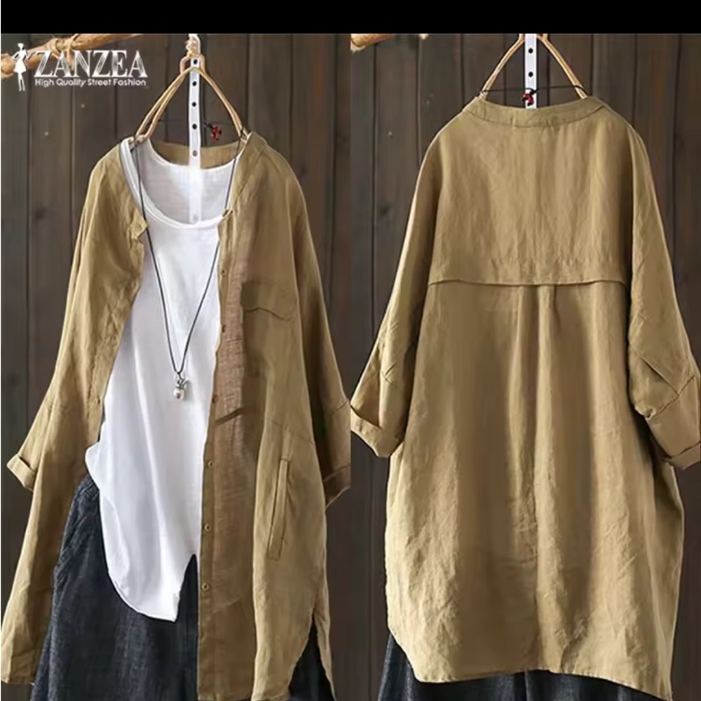 Zanzea Tan Button-Up Blouse XXL 100% cotton